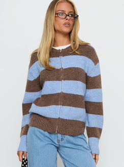 Showcasing the Queena Zip Through Knit Sweater Blue Stripe in womens-jumpers with long fit detail view of model wearing Princess Polly