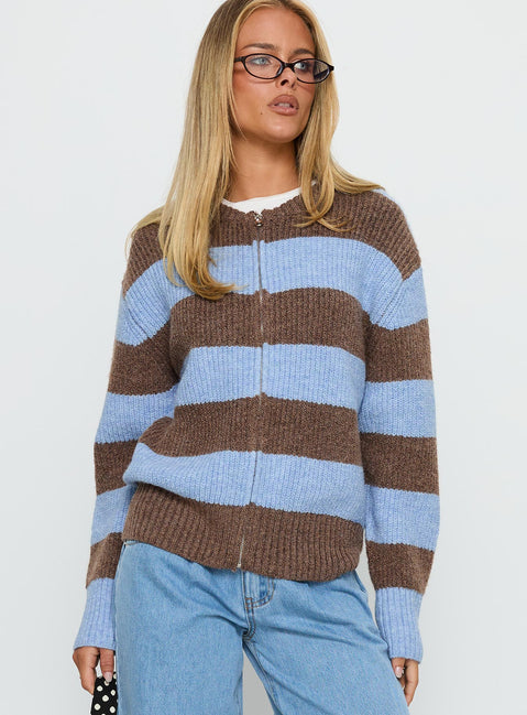 Showcasing the Queena Zip Through Knit Sweater Blue Stripe in womens-jumpers with long fit detail view of model wearing Princess Polly