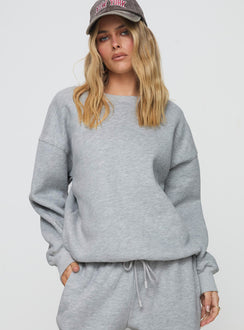 front view of model wearing Princess Polly Dream Fleece Classic Crewneck Sweatshirt Grey Marle Jumpers 