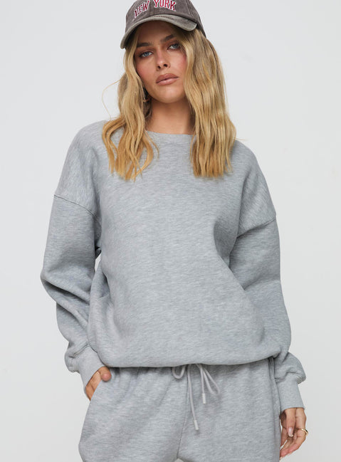front view of model wearing Princess Polly Dream Fleece Classic Crewneck Sweatshirt Grey Marle Jumpers 