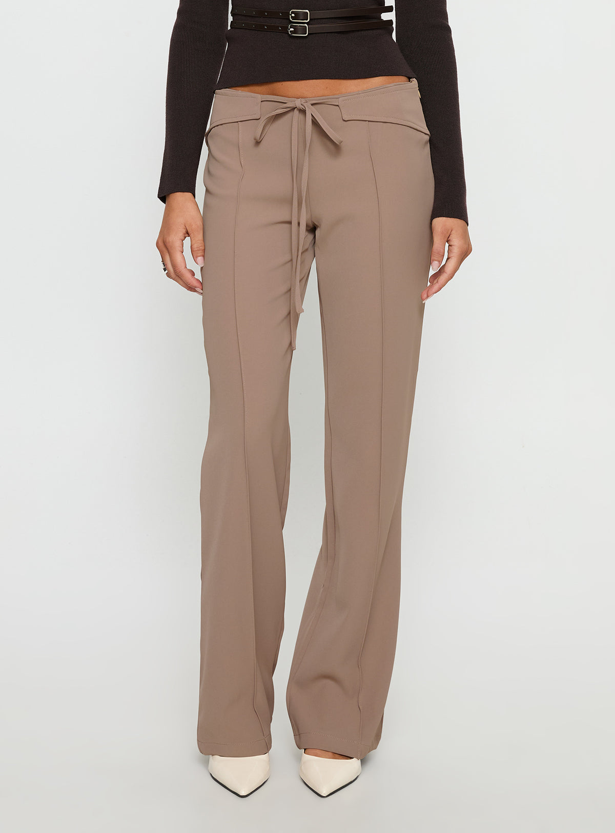 side view of model wearing Princess Polly Narratives Wrap Tie Trouser Pant Taupe Mid Rise Pants Pants 