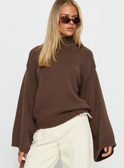 front view of model wearing Princess Polly Neriel Funnel Neck Knit Sweater Chocolate Longline Jumpers Jumpers 