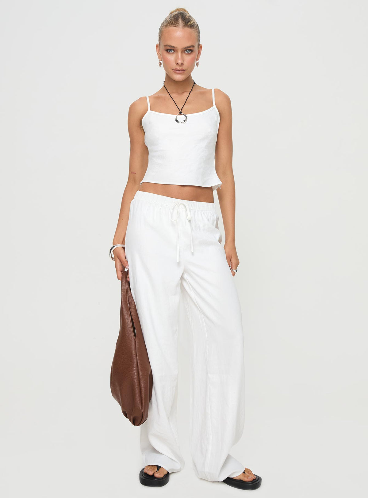 Top and pant set white Camisole top, adjustable straps, invisible zip fastening, relaxed fit, elasticated