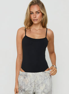 Showcasing the Daily Define Thin Strap Low Back Bodysuit Black in sleeveless design front view of model wearing Princess Polly