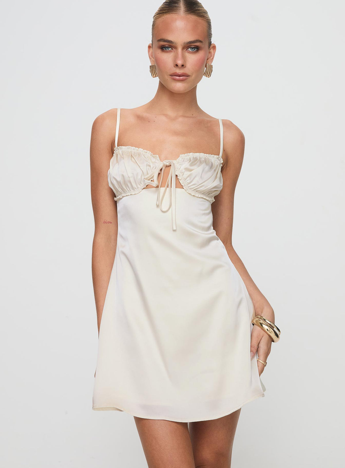 front view of model wearing Princess Polly Decipher Satin Mini Dress Ivory Sweetheart Neckline 