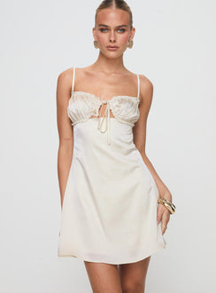 front view of model wearing Princess Polly Decipher Satin Mini Dress Ivory Sweetheart Neckline 