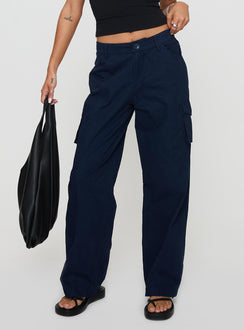 back view of model wearing Princess Polly Major General Cargo Pant Navy Low Rise Pants Pants 