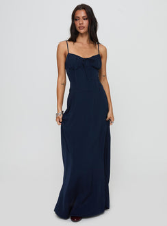 front view of model wearing Princess Polly Eleanora Maxi Dress Navy Sweetheart Neckline 