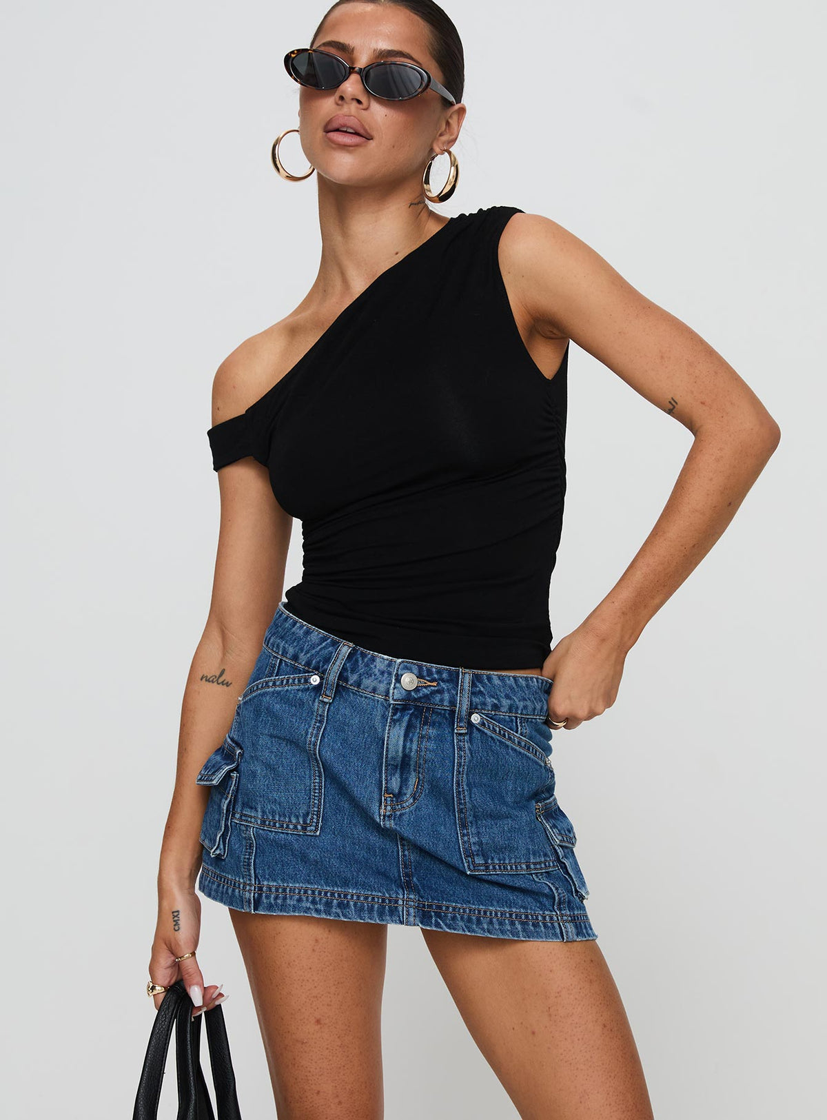   front view of model wearing Princess Polly Pacific Coast Denim Cargo Skirt Dark Wash Mini Skirts Skirts 