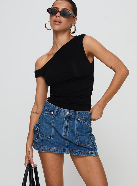   front view of model wearing Princess Polly Pacific Coast Denim Cargo Skirt Dark Wash Mini Skirts Skirts 