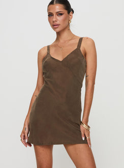 front view of model wearing Princess Polly Laurette Mini Dress Brown V-Neck 