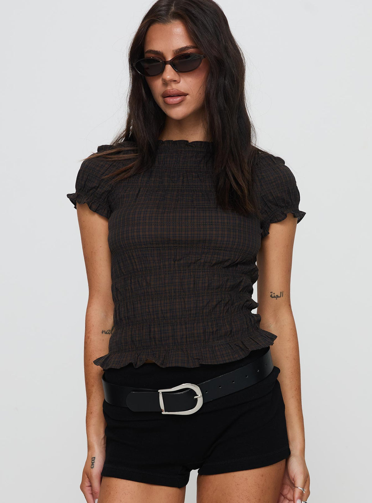 Romelle Shirred Top Black / Brown Plaid Petite