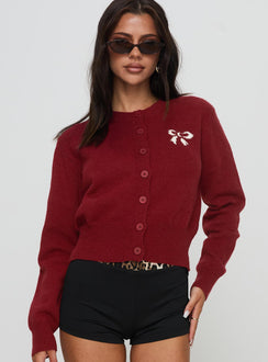front view of model wearing Princess Polly With A Bow Cardigan Red Jumpers 