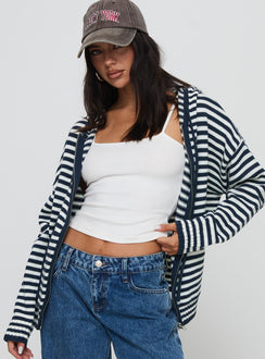 side view of model wearing Princess Polly Brienna Zip Jacket Navy Longline Jumpers Jumpers 