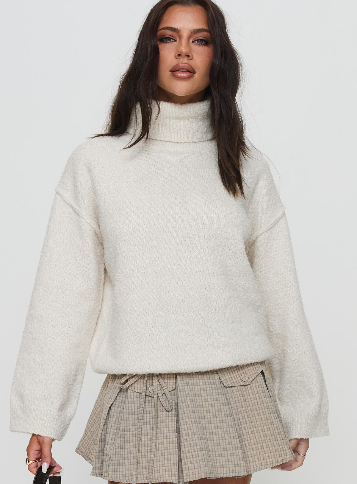 front view of model wearing Princess Polly Finnien Boucle Turtleneck Sweater Cream Longline Jumpers Jumpers 
