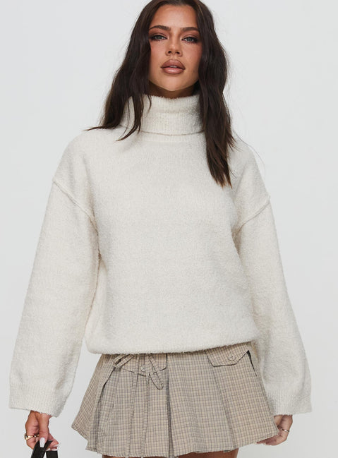 front view of model wearing Princess Polly Finnien Boucle Turtleneck Sweater Cream Longline Jumpers Jumpers 