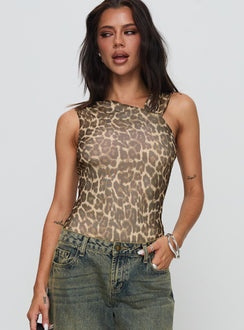 front view of model wearing Princess Polly Serenata Bodysuit Leopard Sleeveless Bodysuit 