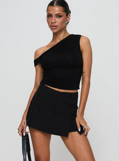 front view of model wearing Princess Polly Deuce Split Skort Black High Waisted Shorts 
