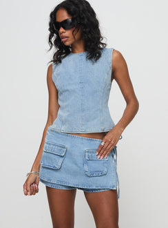 back view of model wearing Princess Polly Countryside Skort Classic Denim High Waisted Shorts 