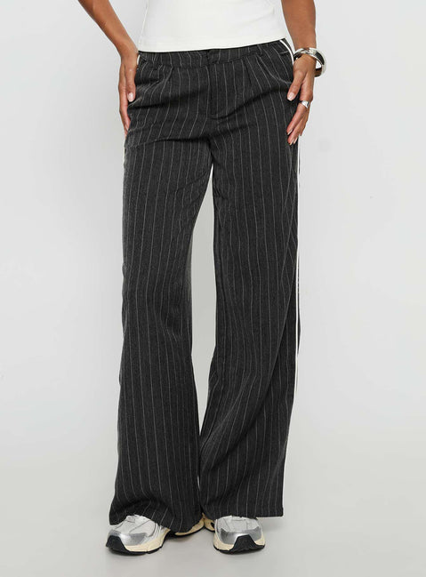 front view of model wearing Princess Polly Knowla Pleated Trouser Pant Grey Pinstripe Mid Rise Pants Pants 