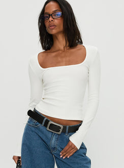 front view of model wearing Princess Polly Baseline Rib Long Sleeve Top White Full Sleeves Scoop Neck 