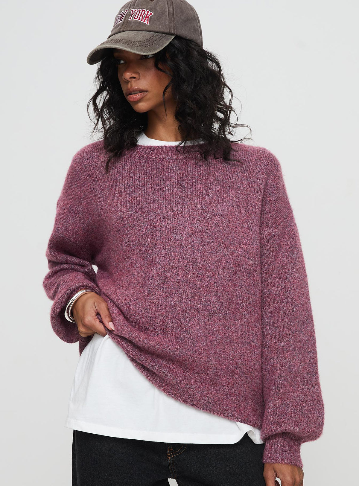 front view of model wearing Princess Polly Ryanna Sweater Burgundy Longline Jumpers Jumpers 