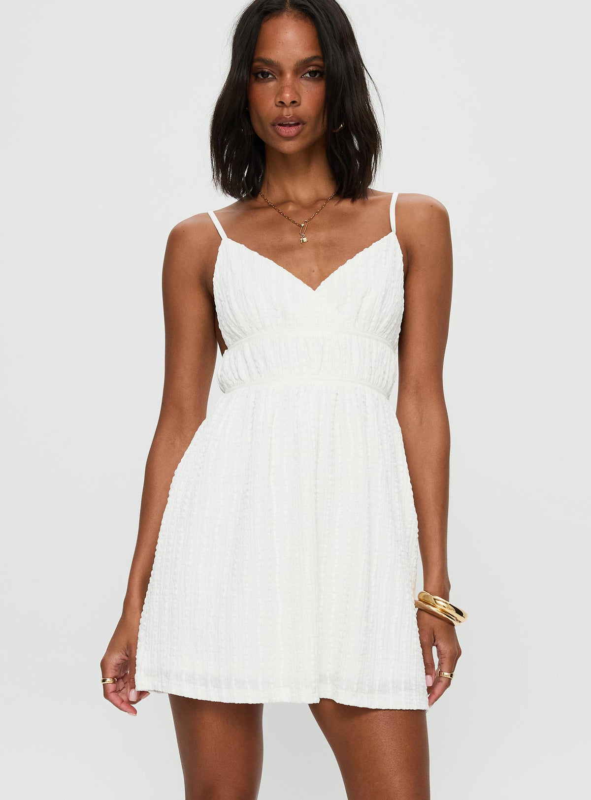 front view of model wearing Princess Polly All Too Well Mini Dress White V-Neck 