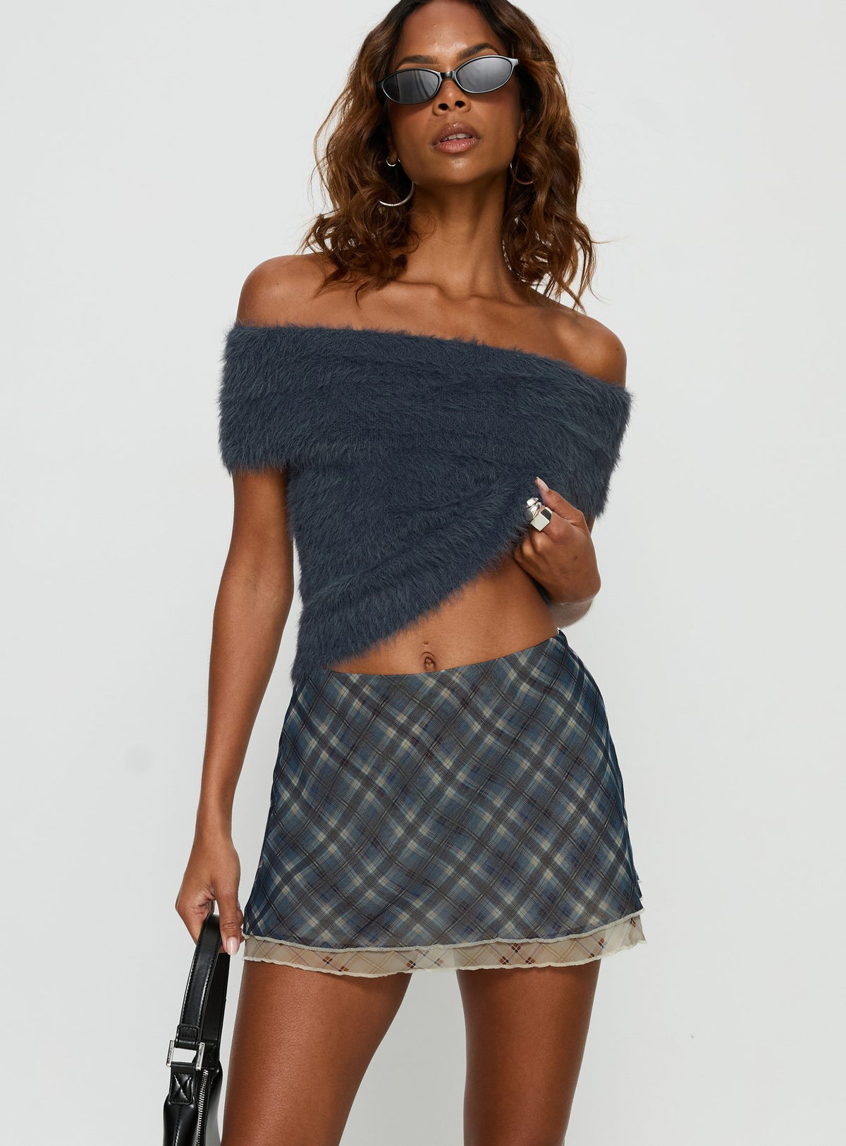 back view of model wearing Princess Polly Avalind Layered Mini Skirt Blue Check Mini Skirts Skirts 