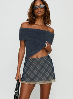 back view of model wearing Princess Polly Avalind Layered Mini Skirt Blue Check Mini Skirts Skirts 