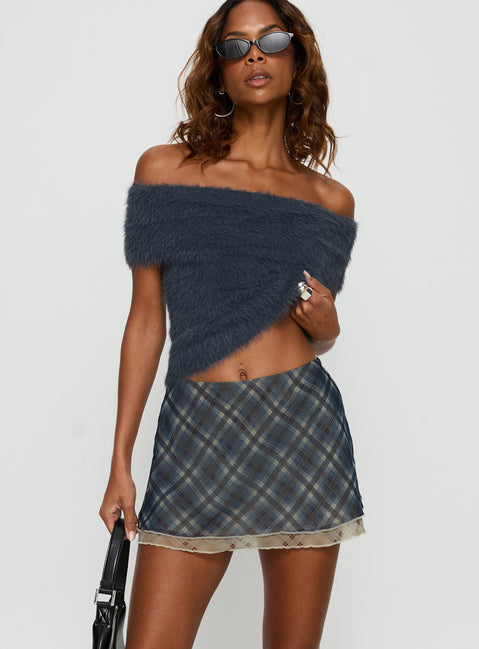 back view of model wearing Princess Polly Avalind Layered Mini Skirt Blue Check Mini Skirts Skirts 