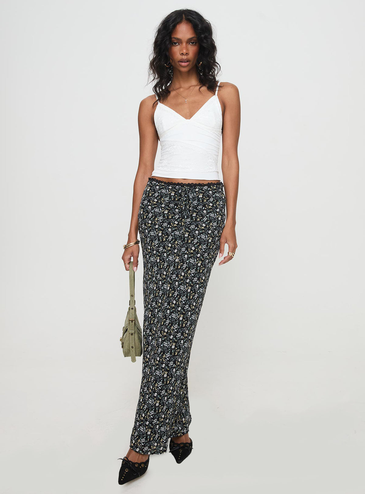 back view of model wearing Princess Polly Emily Maxi Skirt Blue / Black Floral Maxi Skirts Skirts 