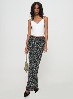 back view of model wearing Princess Polly Emily Maxi Skirt Blue / Black Floral Maxi Skirts Skirts 