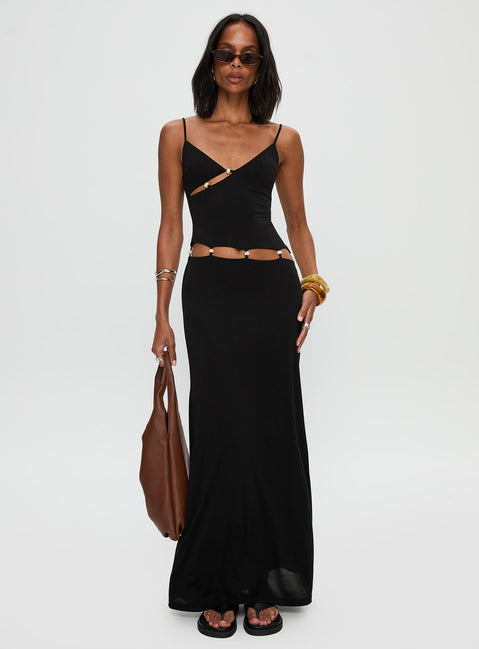 front view of model wearing Princess Polly Allspice Beaded Maxi Dress Black Plunger 