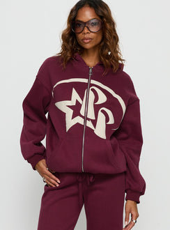 Explore the Stargirl Zip Through Jumper in Burgundy womens jumpers featuring long fit and oversized silhouette front view of model wearing Princess Polly