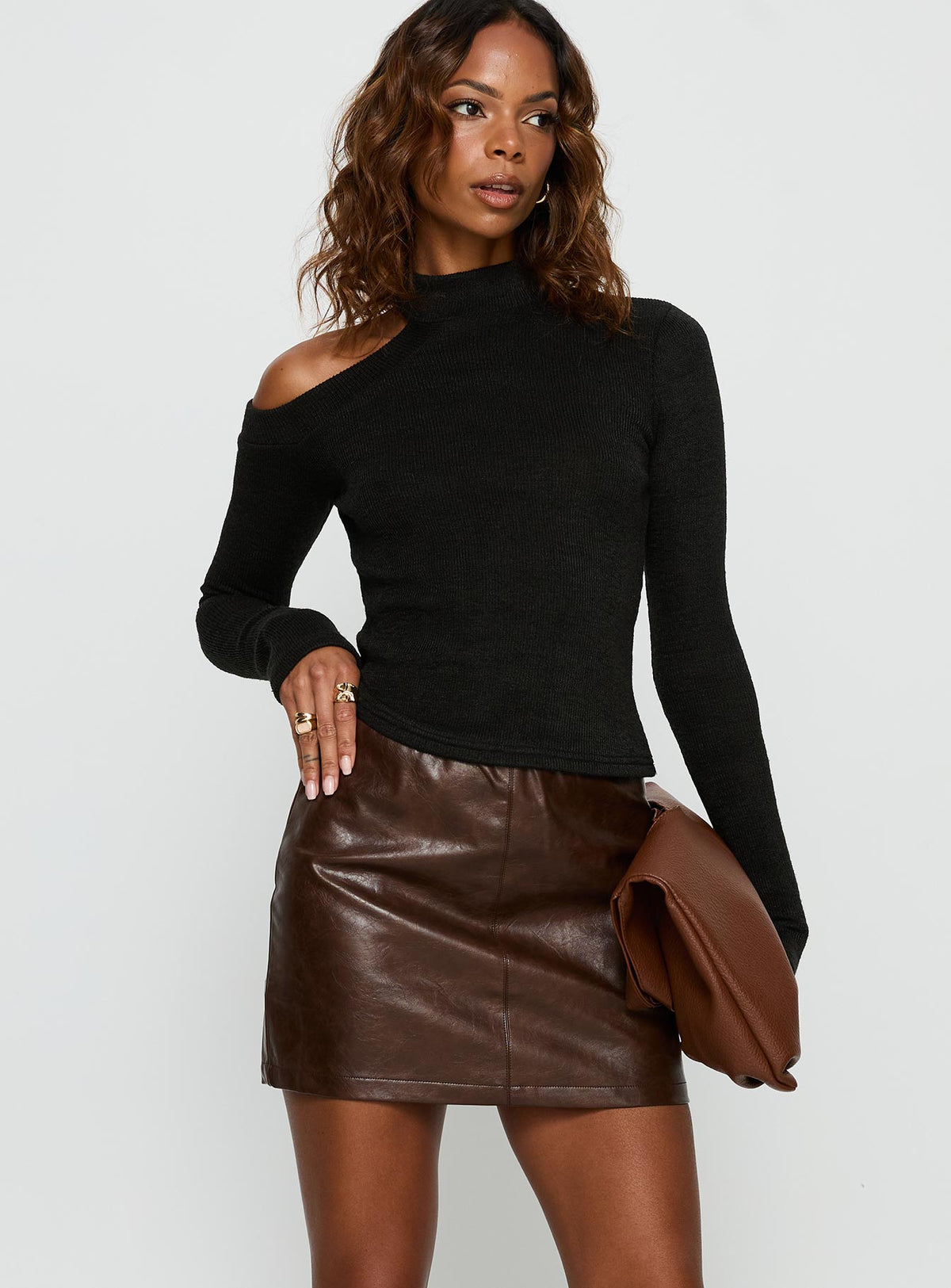   front view of model wearing Princess Polly Vivienna Faux Leather Mini Skirt Brown Mini Skirts Skirts 