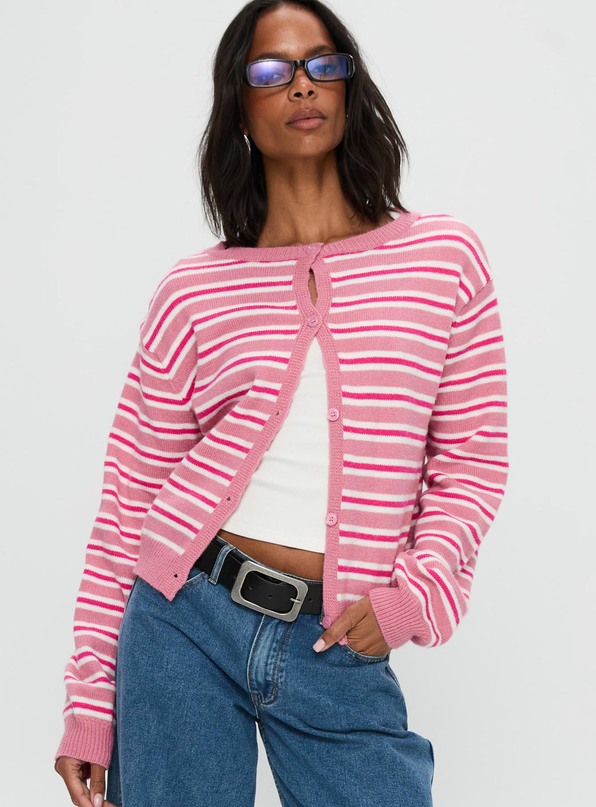 front view of model wearing Princess Polly Heavenly Dream Cardigan Pink Stripe Cropped Jumpers Jumpers 