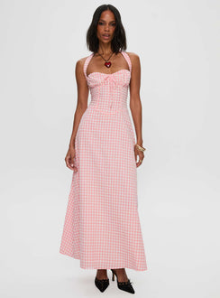 front view of model wearing Princess Polly Lucky For You Halter Maxi Dress Multi Sweetheart Neckline 