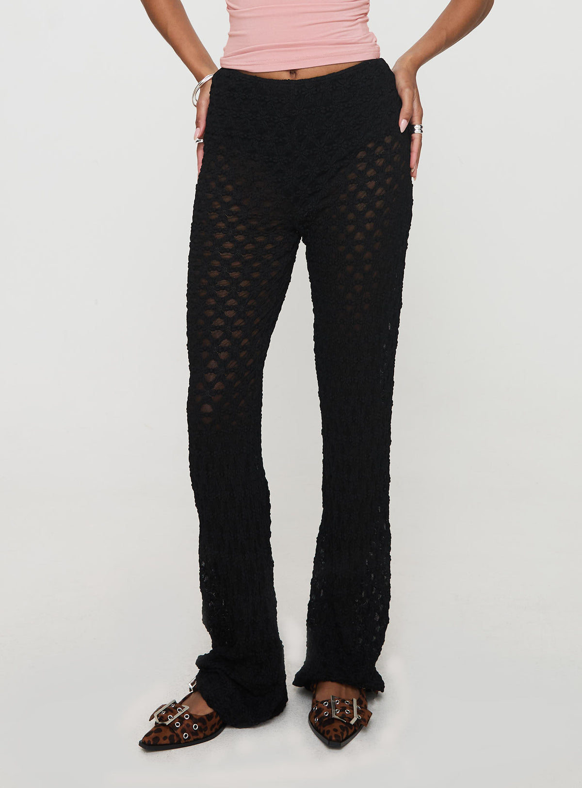 back view of model wearing Princess Polly Call It What You Want Mesh Pants Black High Rise Pants Pants 