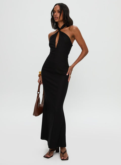 front view of model wearing Princess Polly Rapture Halter Maxi Dress Black Plunger 