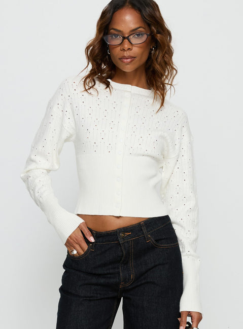 front view of model wearing Princess Polly Head In The Clouds Cardigan Cream cropped Jumpers 