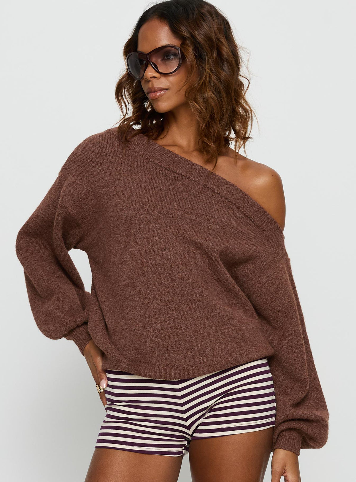 front view of model wearing Princess Polly Noble Off The Shoulder Sweater Chocolate Jumpers 
