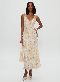 front view of model wearing Princess Polly On A Wave Frill Detail Maxi Dress Multi V-Neck 