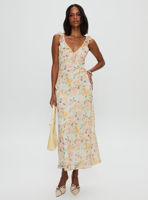 front view of model wearing Princess Polly On A Wave Frill Detail Maxi Dress Multi V-Neck 