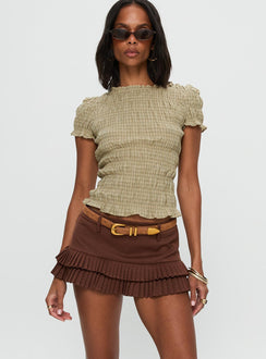 front view of model wearing Princess Polly Deei Double Ruffle Mini Skort Chocolate Low Rise Shorts 
