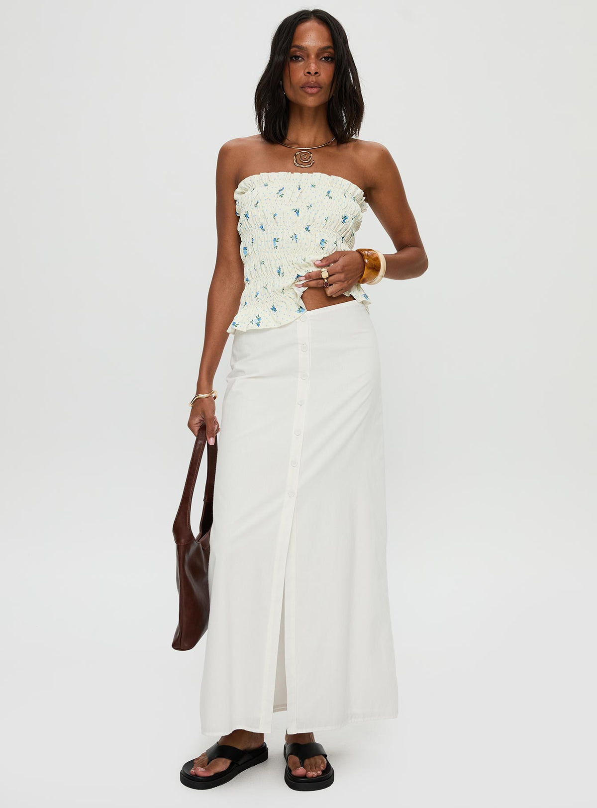  front view of model wearing Princess Polly Jasmira Maxi Skirt White Maxi Skirts Skirts 