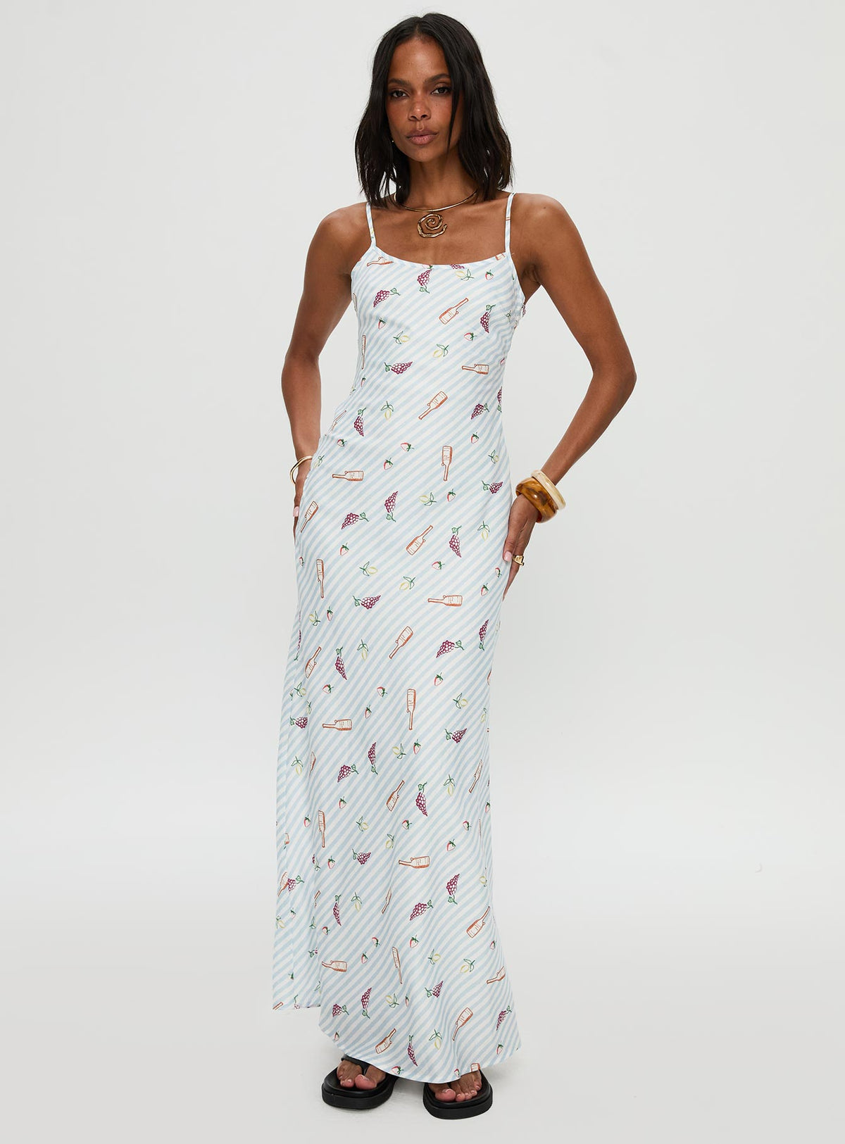 front view of model wearing Princess Polly Charcuterie Maxi Dress Blue Scoop Neck 