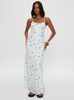 front view of model wearing Princess Polly Charcuterie Maxi Dress Blue Scoop Neck 