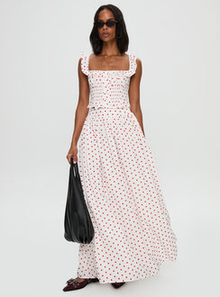   front view of model wearing Princess Polly Valerio Maxi Skirt White / Red Maxi Skirts Skirts 