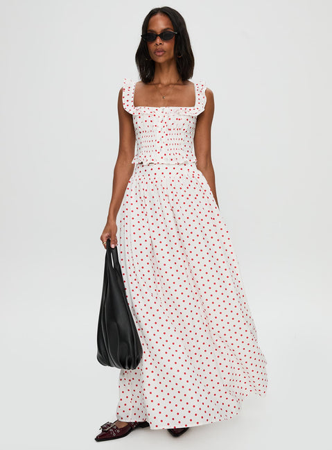   front view of model wearing Princess Polly Valerio Maxi Skirt White / Red Maxi Skirts Skirts 