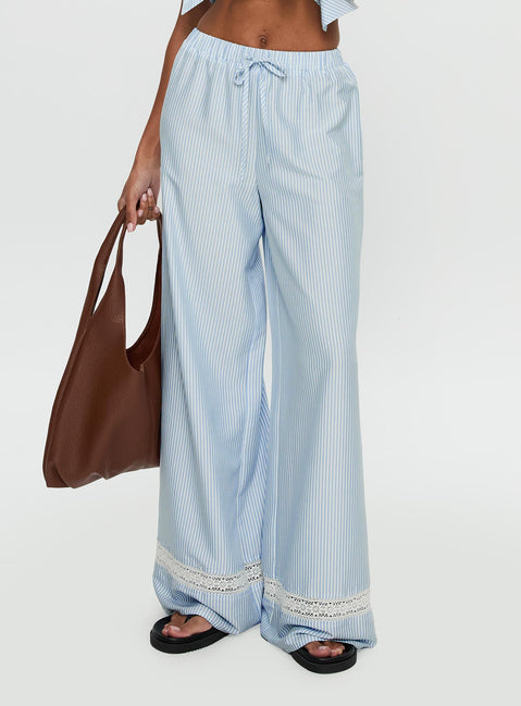 side view of model wearing Princess Polly Summer Too Hot Pant Blue Stripe High Rise Pants Pants 